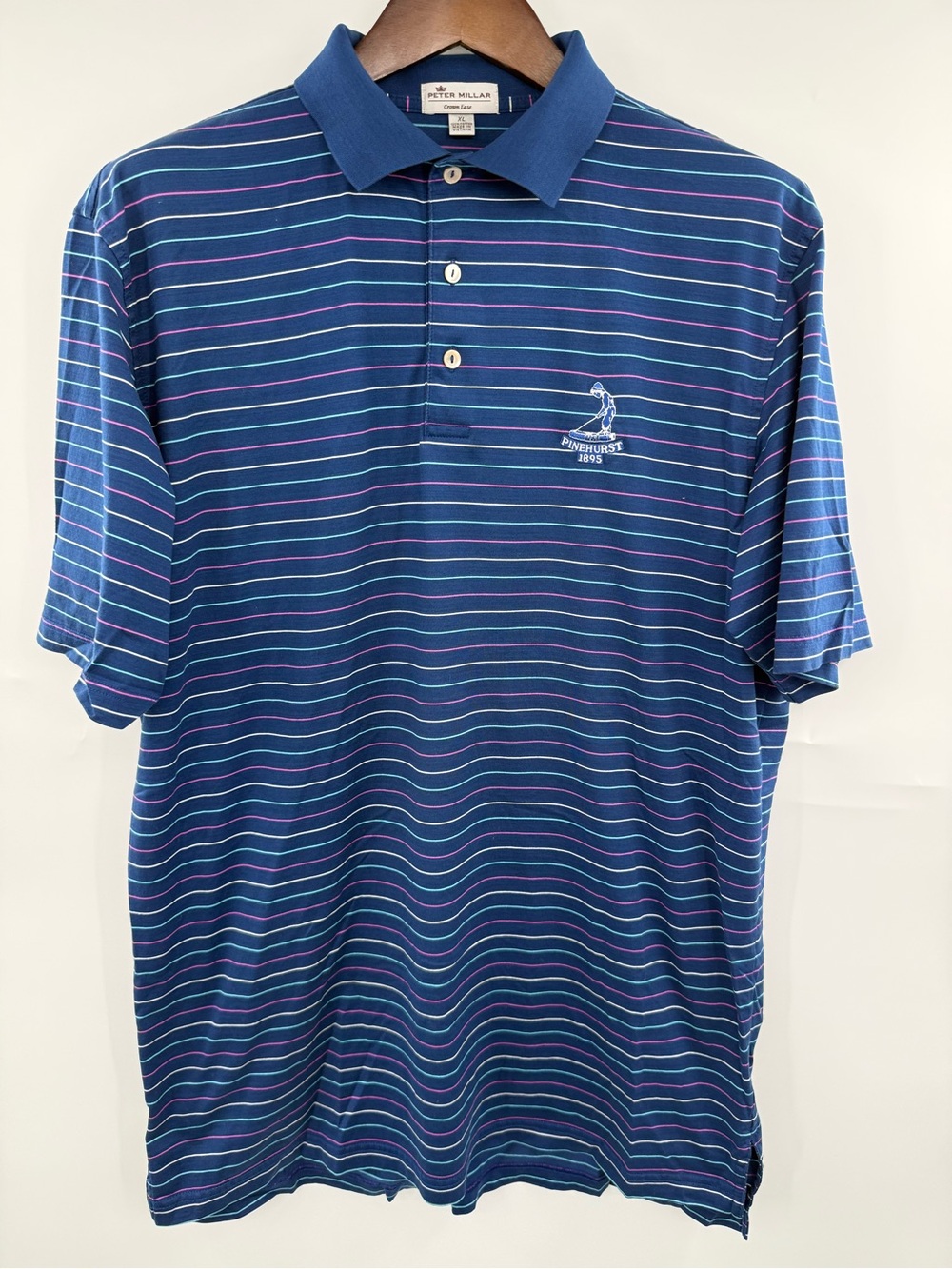 Peter Millar Crown Ease Pinehurst 1895 Polo Men XL Blue Striped Cotton Golf